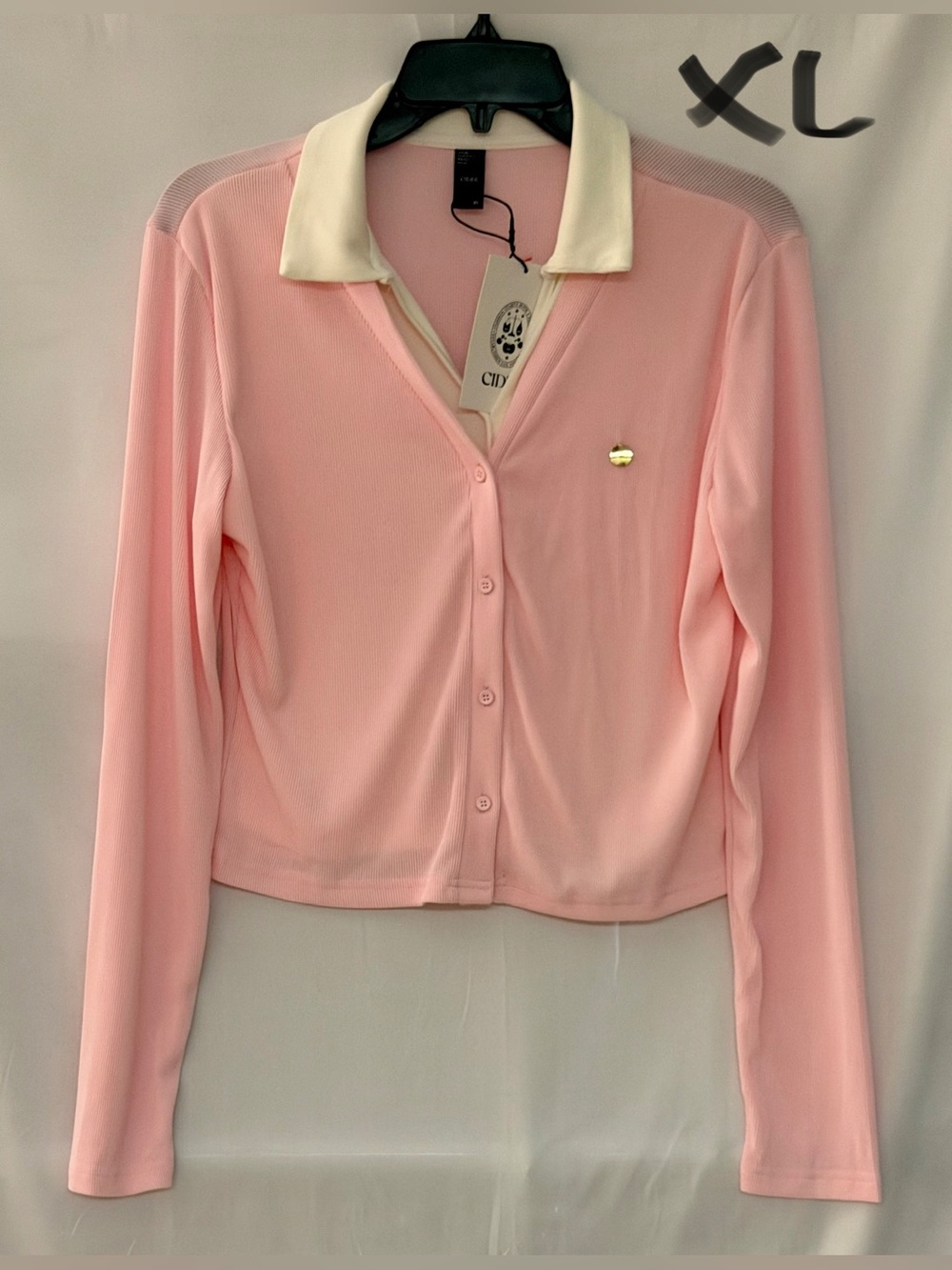 Cider Pink Cropped Button-Down Top with Cream Collar